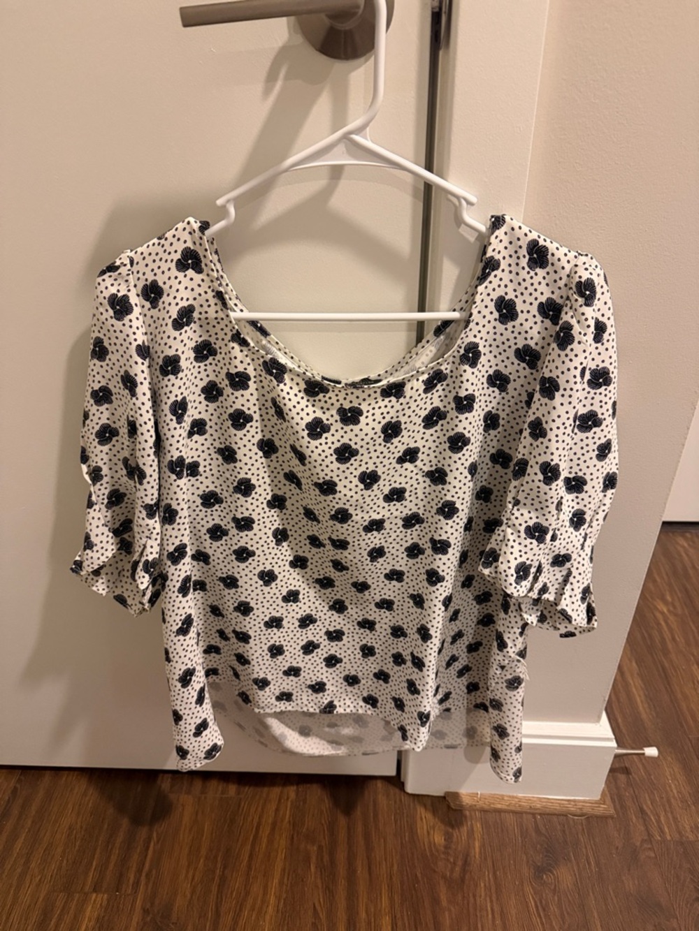 Ann Taylor White Blouse with Black Floral Dot Print